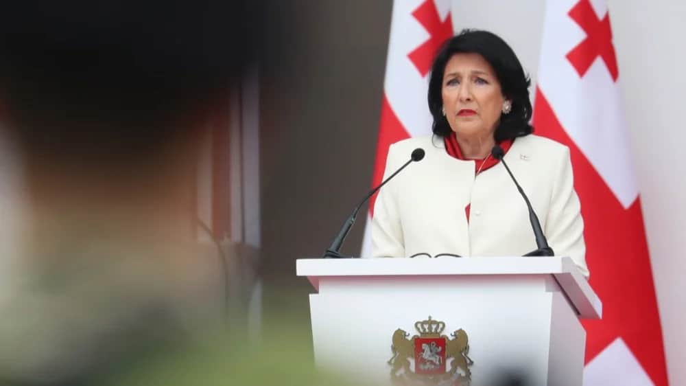 Georgian President Salome Zourabichvili addresses the participants of the Independence Day celebrations in Tbilisi, 26 May 2024. Photo: EPA-EFE/IRAKLI GEDENIDZE / POOL