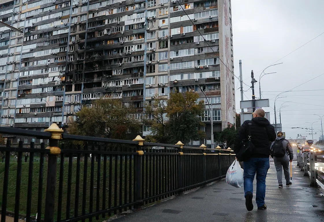 A residential building destroyed in a Russian airstrike, Kyiv, Ukraine, 10 October 2025. Photo: Sergey Dolzhenko / EPA