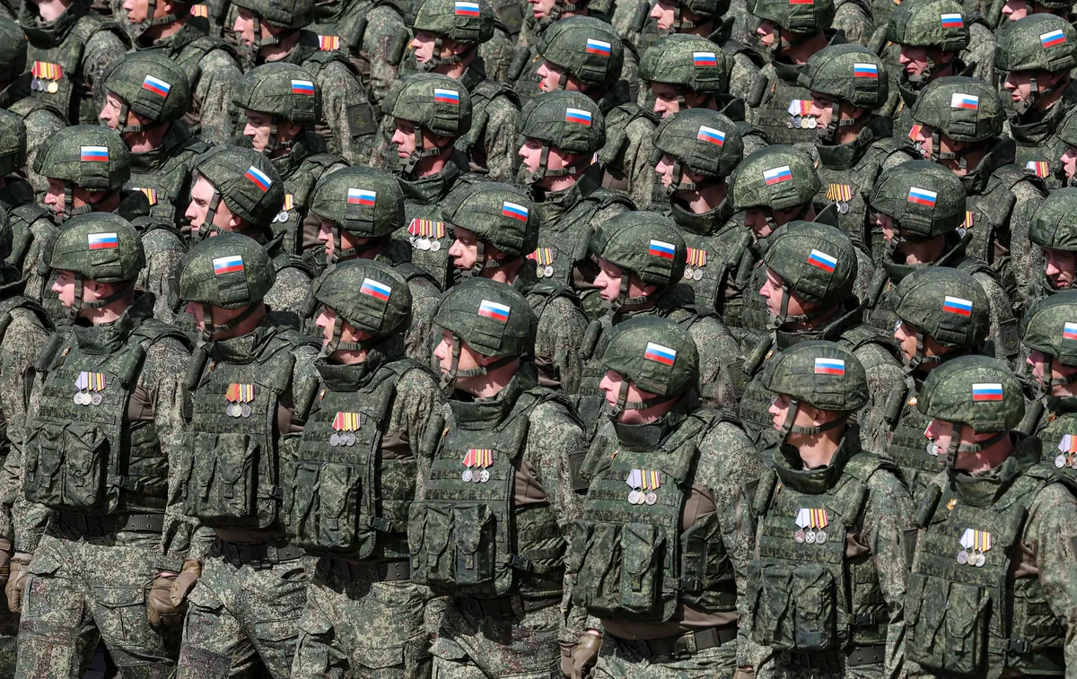 Russian servicemen take part in the Victory Day military parade, 9 May 2025. EPA/MAXIM SHIPENKOV