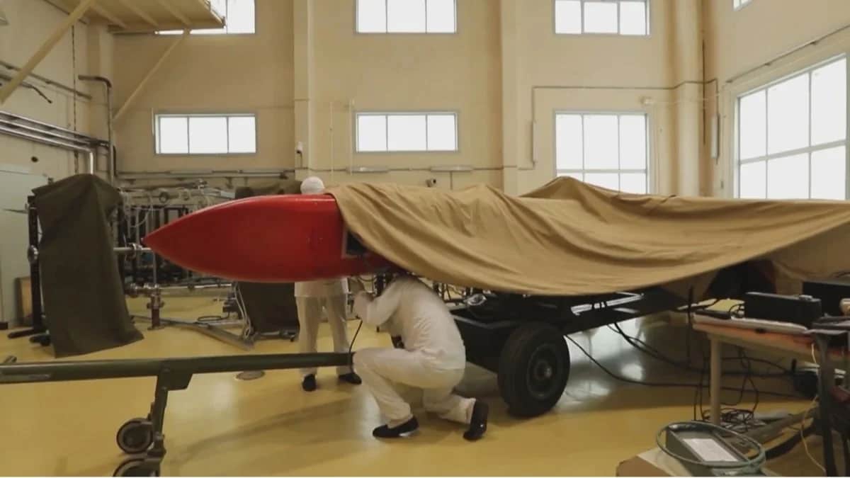 A screenshot from a Russian Defence Ministry video showing the production of the Burevestnik missile in July 2018.