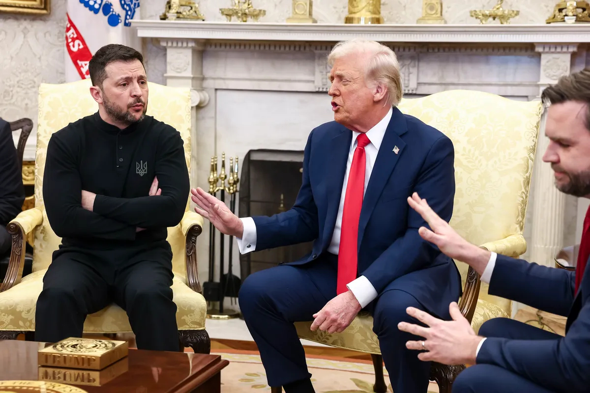 Ukrainian President Volodymyr Zelensky is subjected to a vicious and humiliating verbal attack by US President Donald Trump US Vice President JD Vance in the Oval Office of the White House on 28 February 2025. Photo: EPA /JIM LO SCALZO / POOL