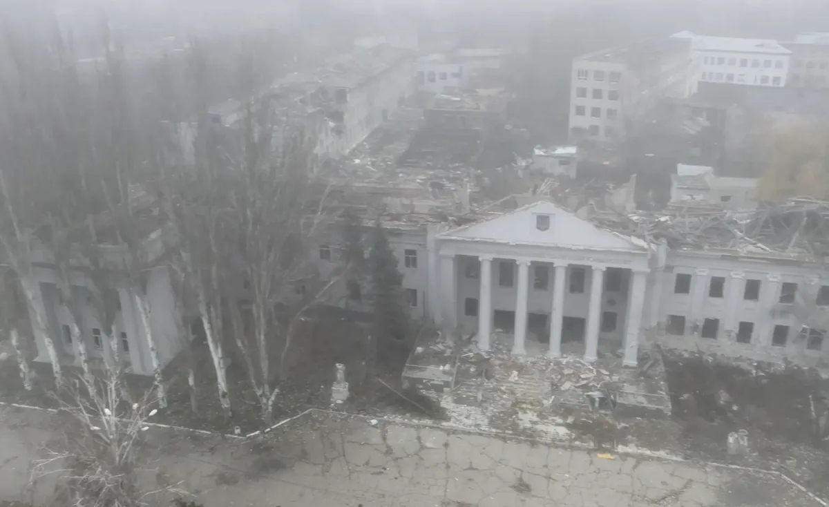 A still from a Russian Defence Ministry video shows an arial view of downtown Pokrovsk in Ukraine’s Donetsk region, 2 December 2025. Photo: EPA / Russian Defence Ministry