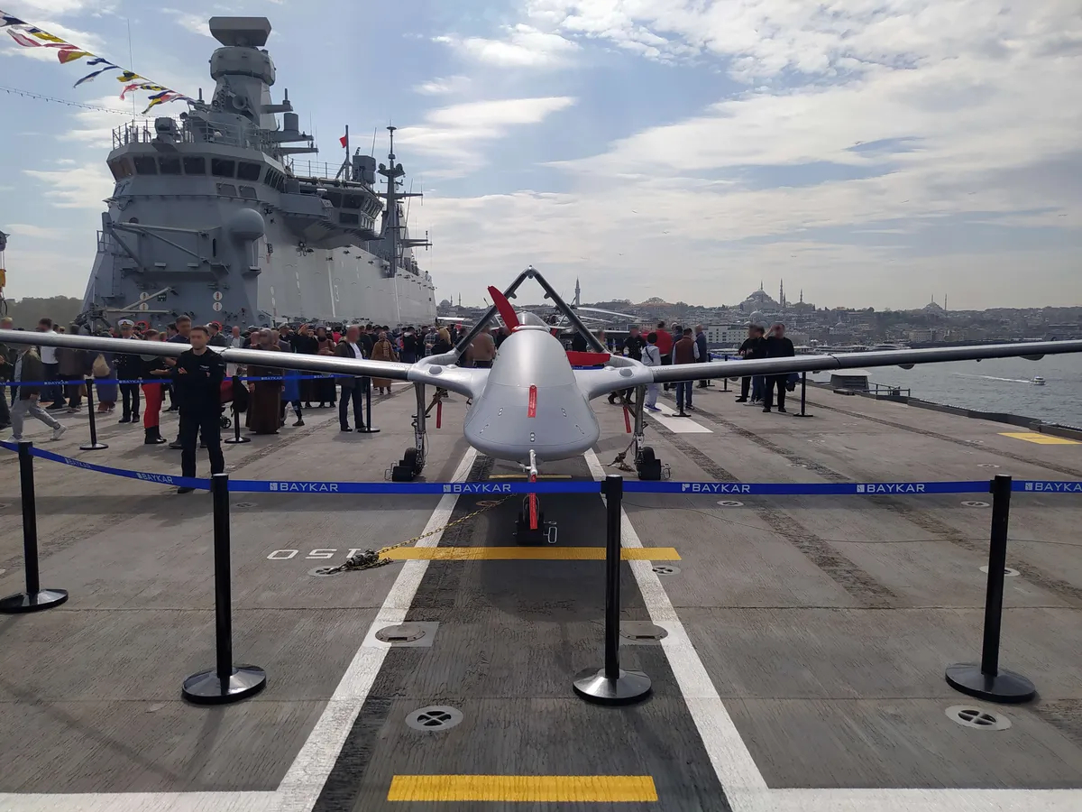 The Baykar Bayraktar TB3 UCAV designed to operate on TCG Anadolu has folding wings and a longer wingspan compared to the Bayraktar TB2. Photo by Wikimedia Commons , CC BY-SA 4.0