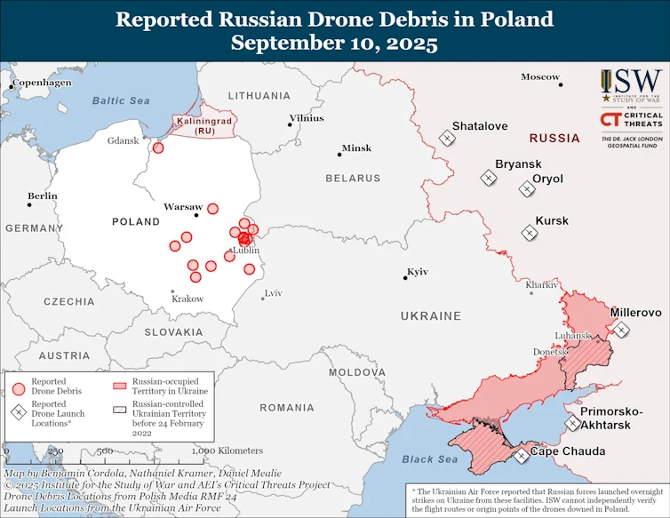 Where debris from Russian drones was found in Poland. Map courtesy of the Institute for the Study of War