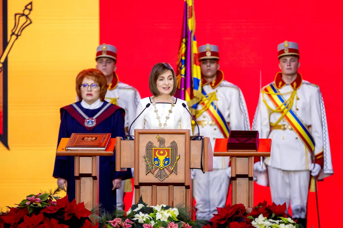 Moldovan President Maia Sandu delivers a speech after being inaugurated for a second term at the Republican Palace in Chisinau, Moldova, 24 December 2024. Photo: EPA-EFE / DUMITRU DORU