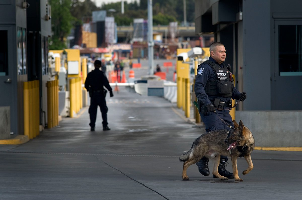Офицер таможенной службы США с собакой на пограничном переходе Сан-Исидро, Сан-Диего, США, 10 февраля 2017 года. Фото: David Maung / EPA