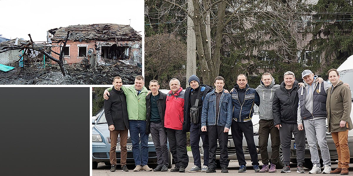 Братья, которые регулярно совершают поездки в зону боевых действий, чтобы доставить гуманитарную помощь и эвакуировать единоверцев. Наверху слева: уничтоженный взрывом дом, в подвале которого семья Свидетелей укрывалась несколько дней. Фото: jw.org