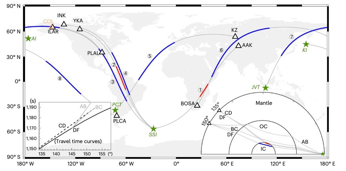 Сейсмические лучевые пути, использованные в исследовании. Источник: Nature